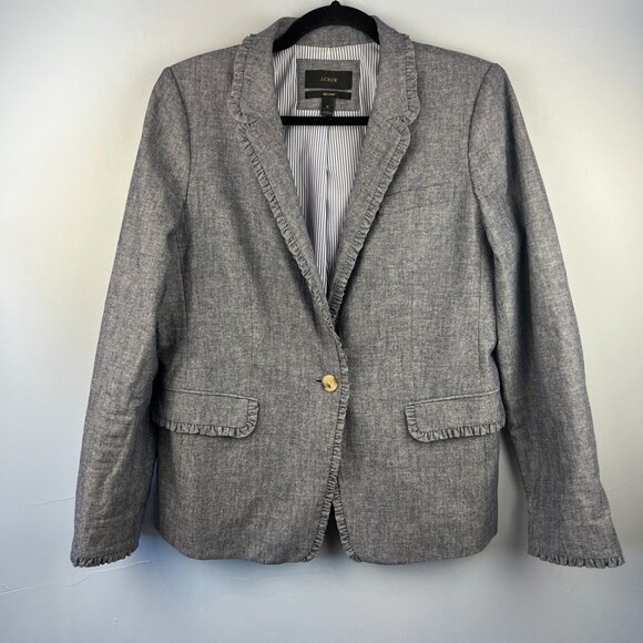 J. Crew Regent Four-Season Chambray Blazer Size 12 Ruffle Trim Striped Lining - Picture 3 of 11
